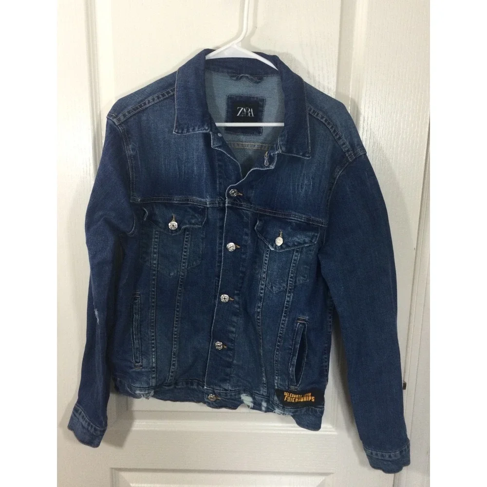 Zara Denim Jacket Mens M Trucker Bomber‎ Celebrate Your Friendships Distressed